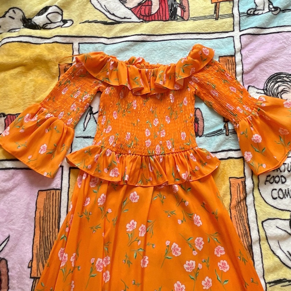 Floral Off-Shoulder Ruffled Orange Dress - Picture 2 of 4